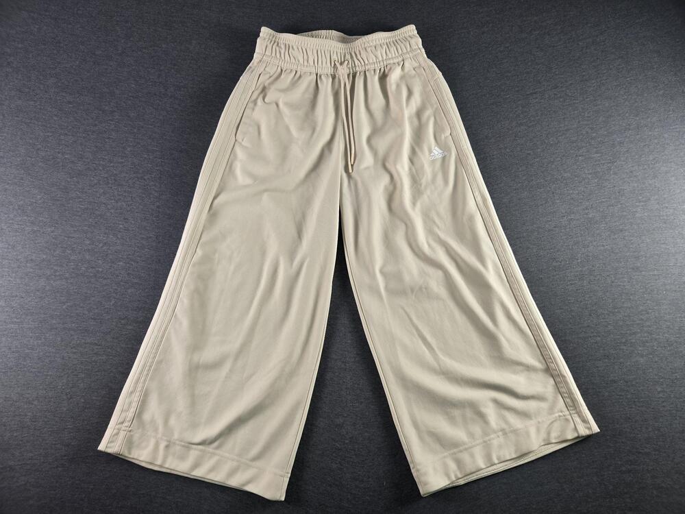 Adidas Track Pants Womens XS Beige Wide Leg Elastic Waist Side Stripe Casual